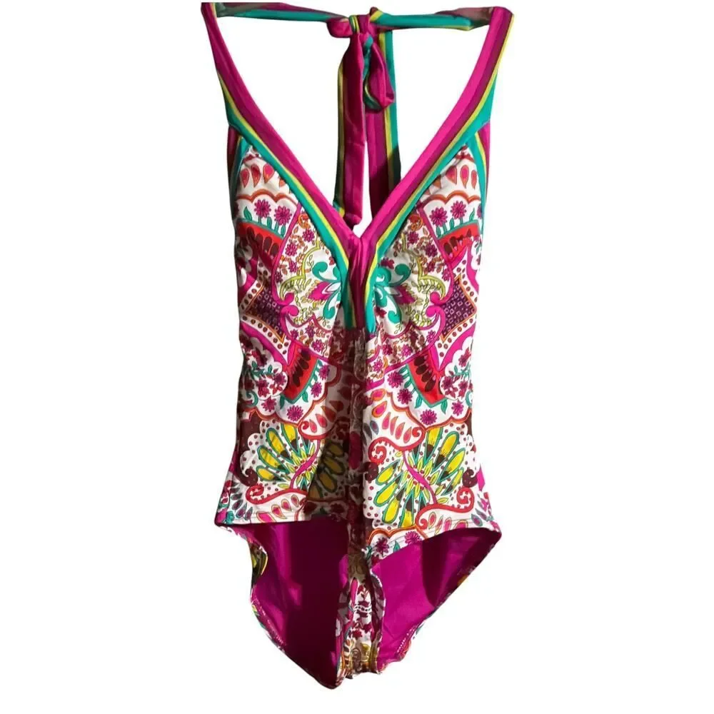 Trina Turk Hawaiian Garden Border Halter Plunge One Piece Swimsuit
